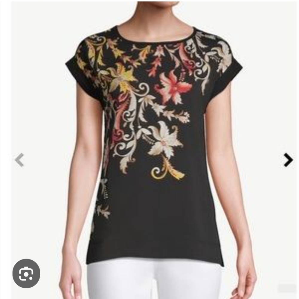 Chico's Floral Black And Orange Top M